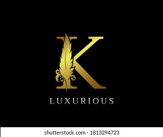 Golden Feather Letter K Luxury Brand Logo icon, vector design concept feather with letter for initial luxury business, firm, law service, boutique and more brand identity.