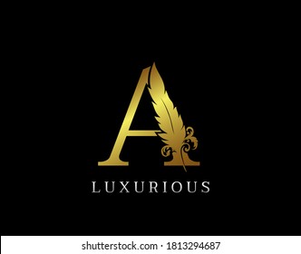 Golden Feather Letter A Luxury Brand Logo icon, vector design concept feather with letter for initial luxury business, firm, law service, boutique and more brand identity.