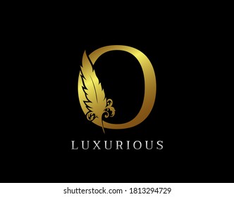 Golden Feather Letter O Luxury Brand Logo icon, vector design concept feather with letter for initial luxury business, firm, law service, boutique and more brand identity.