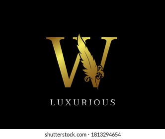 Golden Feather Letter W Luxury Brand Logo icon, vector design concept feather with letter for initial luxury business, firm, law service, boutique and more brand identity.