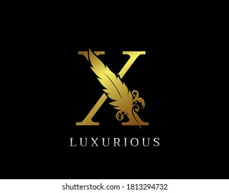 Golden Feather Letter X Luxury Brand Logo icon, vector design concept feather with letter for initial luxury business, firm, law service, boutique and more brand identity.