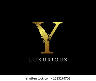 Golden Feather Letter Y Luxury Brand Logo icon, vector design concept feather with letter for initial luxury business, firm, law service, boutique and more brand identity.