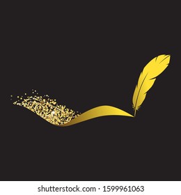 Golden Feather Quill Pen Ad Shiny Glitters, Vector