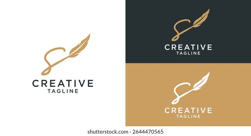 golden feather signature logo design. Minimalist feather s initial logo template