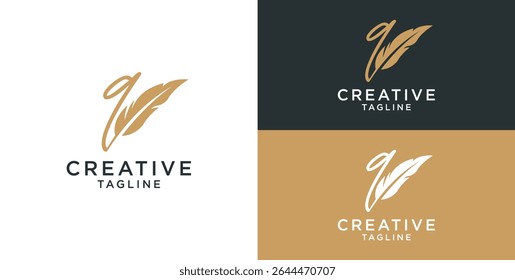golden feather signature logo design. Minimalist feather q initial logo template