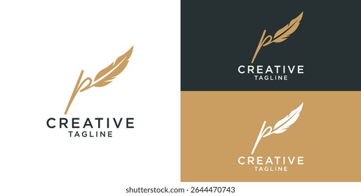 golden feather signature logo design. Minimalist feather p initial logo template