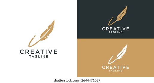 golden feather signature logo design. Minimalist feather i initial logo template