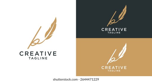 golden feather signature logo design. Minimalist feather b initial logo template