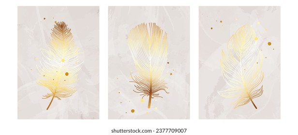 Golden feather wall art vector template. Handmade wall decoration with bird feathers, wings, golden watercolor. Shining marble texture design for wallpapers, banners, prints, covers and interior.	