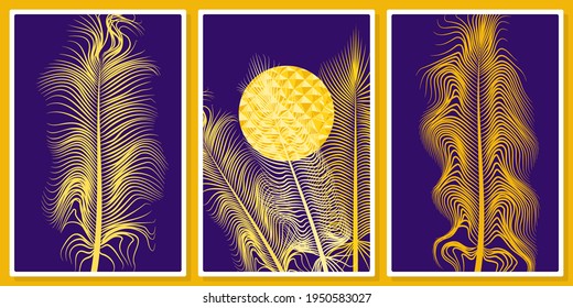 golden feathers and abstract sun - wall art vector set.  For wall art, poster, wallpaper, print. 