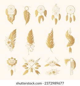 Golden feathers fantasia set in boho style. 14 ethnic design elements isolated on white background. Vector illustration for print and t-shirts.