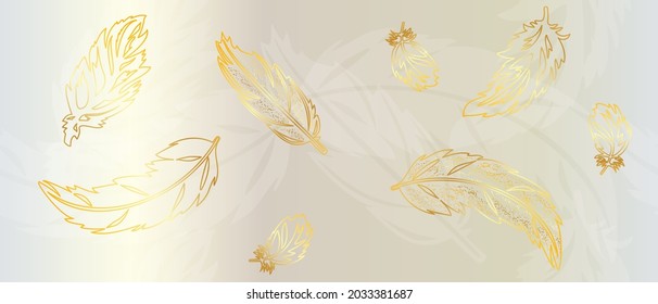 Golden feathers on light background, vector pattern