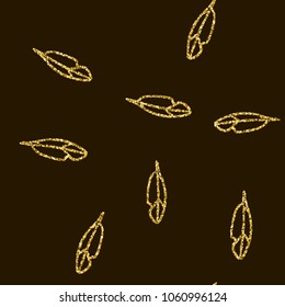 Golden feathers pattern. Glamorous and fashionable pattern with gold feathers for work decoration. Feathers of gold.