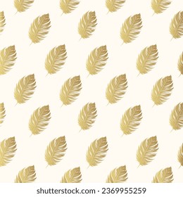 Las plumas doradas son un patrón impecable sobre el fondo blanco. Ilustración vectorial dibujada a mano para el diseño textil, cubiertas para portátiles y papel tapiz. 