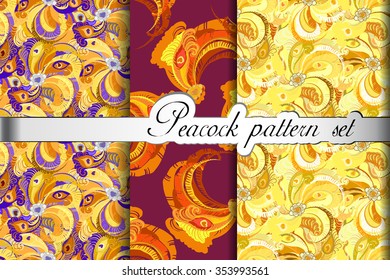 Golden feathers seamless patterns background set. Peacock decorative feathers. Orange yellow design. Endless tiled feathers eyes colorful texture. Brazilian seamless background Vector illustration