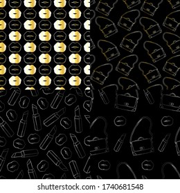 Patrón sin fisuras de accesorios hembra dorada. La colección de mujeres consiste en bolso, lápiz labial y labios. Textura de moda