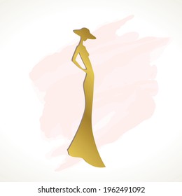 golden female silhouette on the pink watercolor splash 