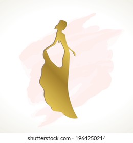 golden female silhouette on a pink watercolor splash 