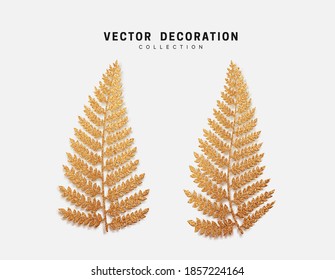 Golden fern leaves. Golden fern branches with glitter. Decorative objects isolated. vector illustration