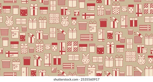 Golden festive background with gift boxes for Christmas. Boxes with surprise red gold color seamless pattern. Repeat print for packaging, paper, fabric, desktop, design, vector graphics