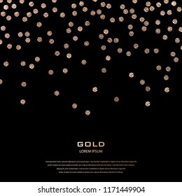 Golden Festive confetti. Bronze Polka dot. Gold glitter background for the card, invitation. Copper Holiday Decorative element. Illustration of falling shiny particles on black background.