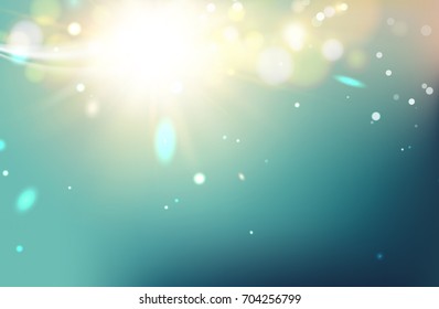 Golden festive lights background. Bright glitter particles effect. Abstract explosion effect over blue background. Vector illustration.