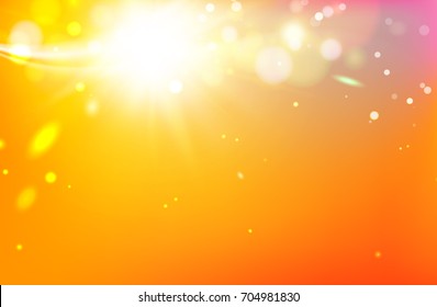 Golden festive lights background. Bright glitter particles effect. Abstract explosion effect over orange background. Vector illustration.