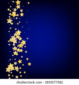 Golden Festive Stars Vector Blue Background. Digital Universe Border. Glow Template. Yellow Xmas Dust Background.