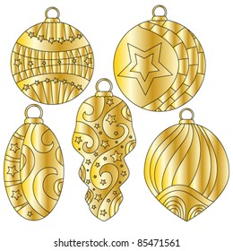 Golden festive vector Christmas baubles with stripes and stars