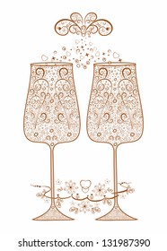 Golden festive  wedding champagne glasses with decorative elements. Festive toast with alcoholic sparkling wine. Graphic vector illustration. Logo, label, sign. Meeting of friends. Advertising