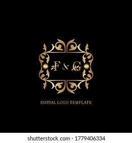 Golden FG Initial logo. Frame emblem ampersand deco ornament monogram luxury logo template for wedding or more luxuries identity