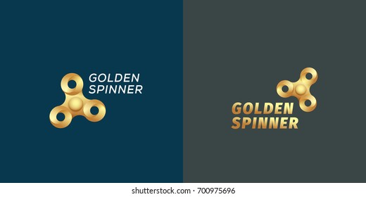 Golden Fidget Spinners Abstract Vector Sign, Emblem or Logo Templates. Infinite Loop Spinner Creative Concept. On Dark Background.