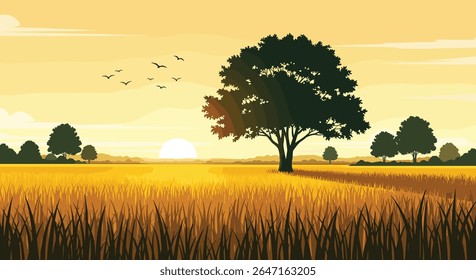 Golden Field Sunrise Serenity e Lone Tree Silhueta