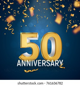 Golden Fifty years anniversary on dark blue background. Golden ribbons and confetti fall from top to bottom. Template birthday celebration vector illustration