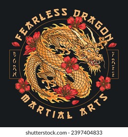 Golden fighting dragon colorful sticker with mixed martial arts inscription near scary monster and chinese flowers vector illustration