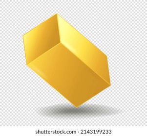 Golden figure cuboid. Render of isometric and realistic object for education and teaching of geometry to children. Precious metals and luxury, graphic element for site. Realistic vector illustration
