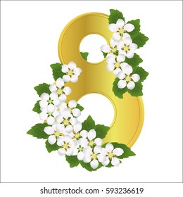 Golden figure eight, decorated with white flowers and green leaves of apple trees. Women's Day. Vector illustration, isolated on a white background.