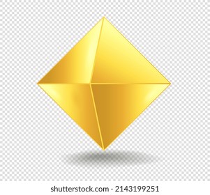 Golden figure octahedron. Render of realistic isometric element on transparent background. Diamond or brilliant, jewel, metal and luxury. Shiny object with shadow. Realistic vector illustration