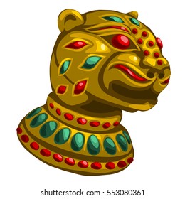 The Golden figurine in the form of a leopard head with ornament of encrusted precious stones isolated on a white background. Vector illustration close-up.