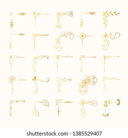 Golden filigree borders and vintage corners. Flourish design text decoration elements. Gold swirl Ink frames.