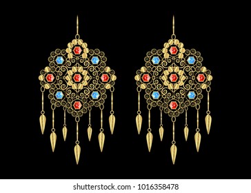 Golden Filigree Earrings with gems, jewelry icons for Shop and Fashion store, vector isolated or black background