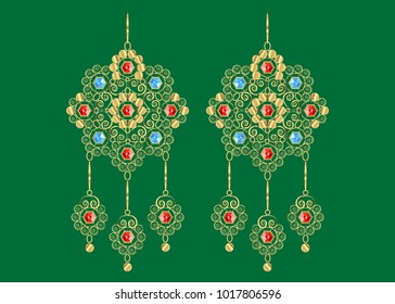 Golden Filigree Earrings with gems, jewelry icons for Shop and Fashion store, ancient Italian goldsmith's work, vector isolated or green background