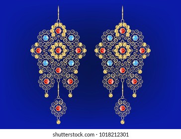 Golden Filigree Earrings with gems, jewelry icons for Shop and Fashion store, ancient Italian goldsmith's work, vector isolated or blue background