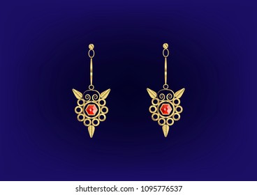 Golden Filigree Earrings with red gems, jewelry icons for Shop and Fashion store, ancient Italian goldsmith's work. Royal jewellery, vector isolated or blue background