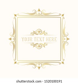Golden filigree ornate frame for invitation card design. Hand drawn vintage elegant wedding gold border. Vector isolated antique ornament.