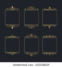Golden filigree ornate frames set for invitation card design. Hand drawn vintage elegant wedding gold borders. Vector isolated antique ornament.