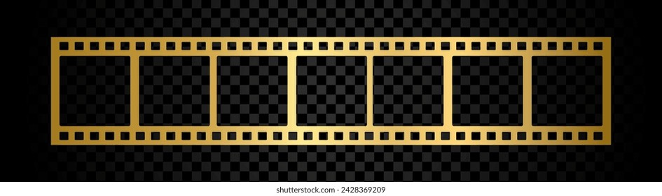 Golden film strip or gold frame photo reel isolated on black background