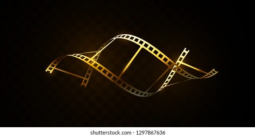 Golden film strip isolated on black background. Vector 3d illustration. DNA shape filmstrip. Filmmaking concept. Cinema or animation sign. Cinematography festival award design