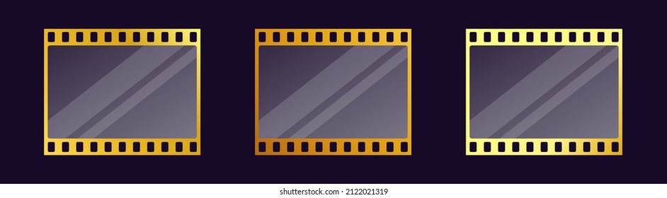 Golden filmstrip vector with transparent glass for video or foto frame template.