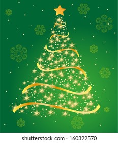 Golden fir on a green background, Christmas tree vector